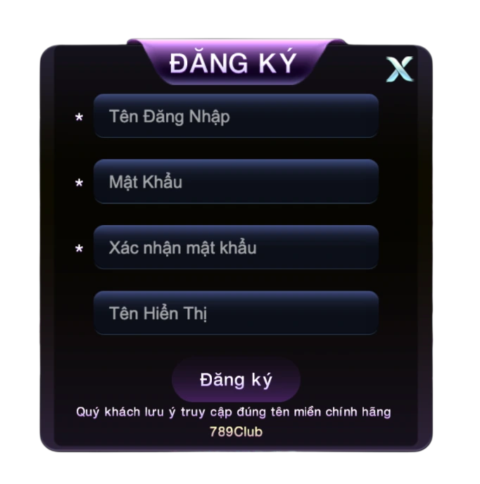 Khung đăng ký của trang 789CLUB VIN
